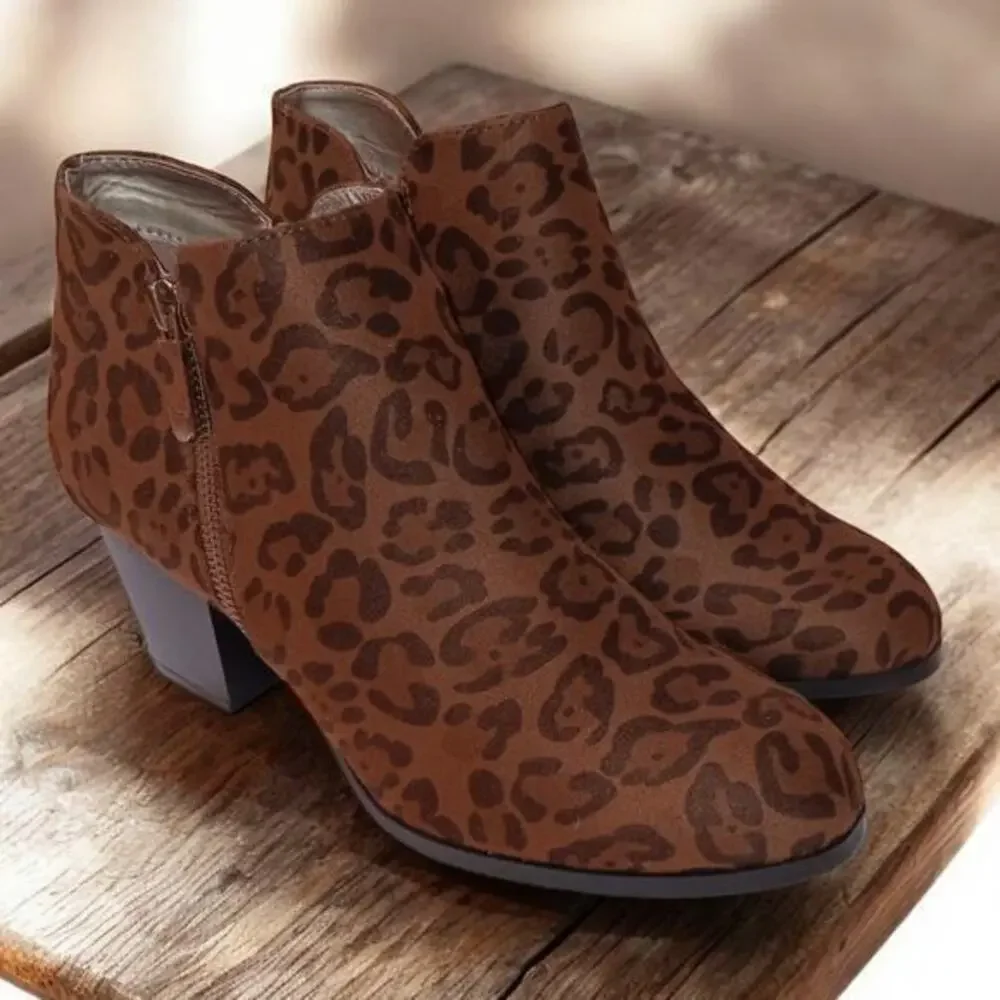 NEW Style & Co. Animal Print Boots Size 8.5 Ankle Black Brown Vegan Faux Leather